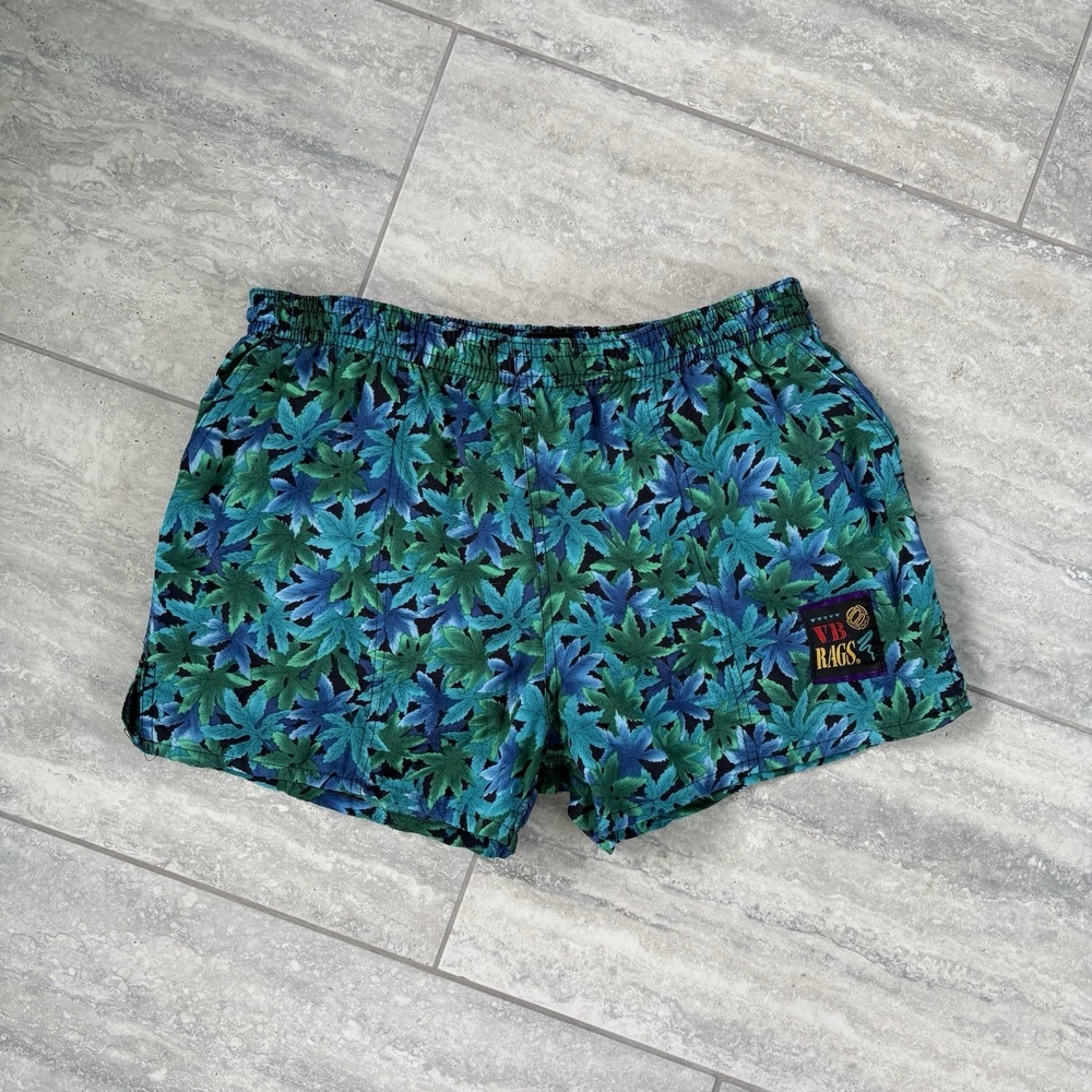 Vtg Men 90s Leaf Print Swim Trunks Shorts Green Blue Retro Surf Style Size Small